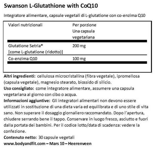 Ultra L-Glutanione w/coq10 Nutritional Information 1