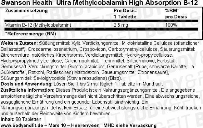 Ultra Methylcobalamin High Absorption B-12 Nutritional Information 1
