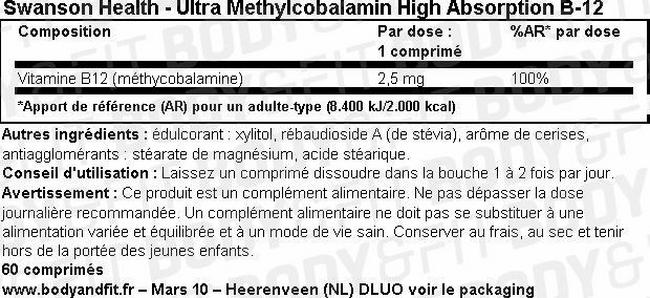 Vitamine B12 à haute absorption Ultra Methylcobalamin High Absorption B12 Nutritional Information 1