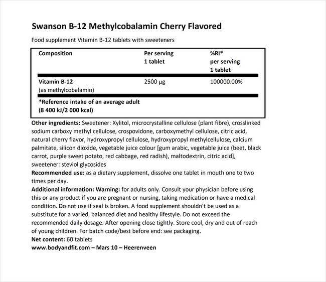 ウルトラメチルコバラミン ハイアブソープション B12 Nutritional Information 1