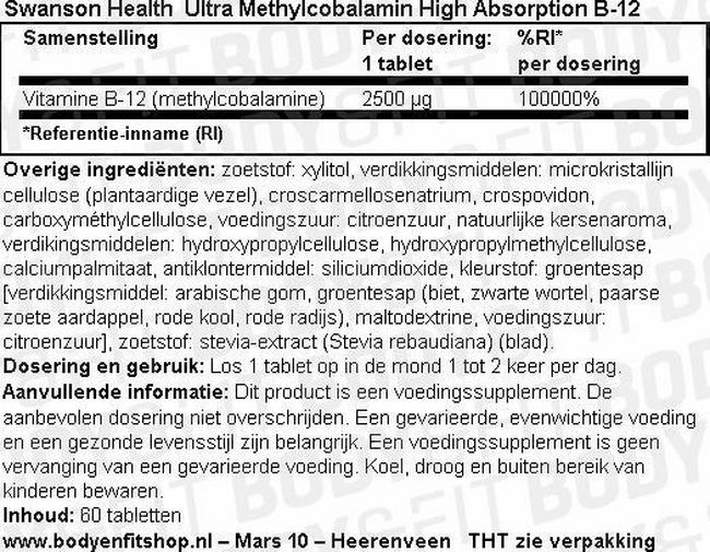 Ultra Methylcobalamin High Absorption B-12 Nutritional Information 1