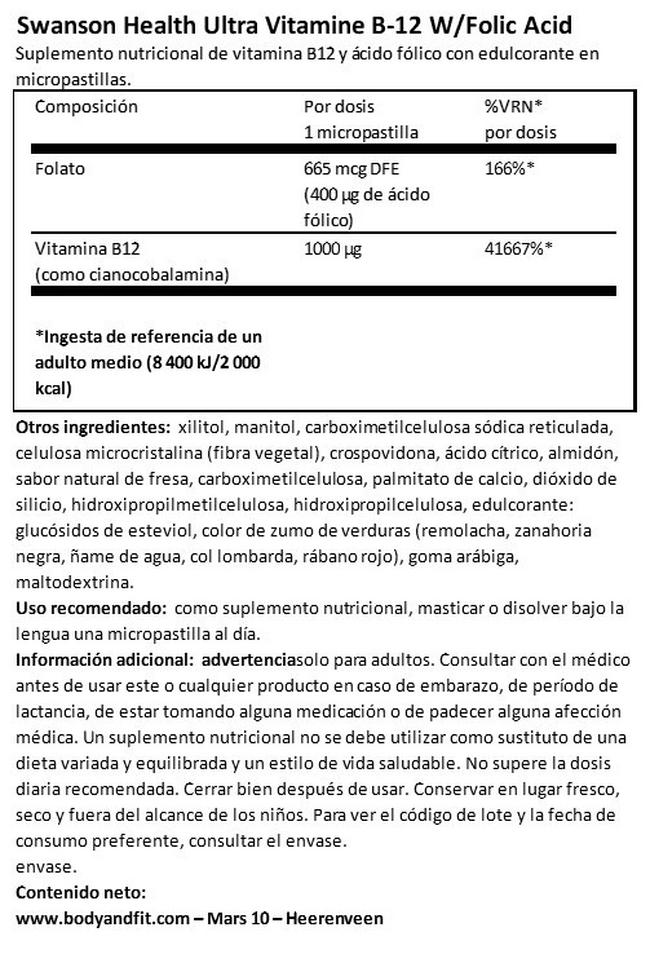 Ultra Vitamin B12 with Folic Acid Nutritional Information 1