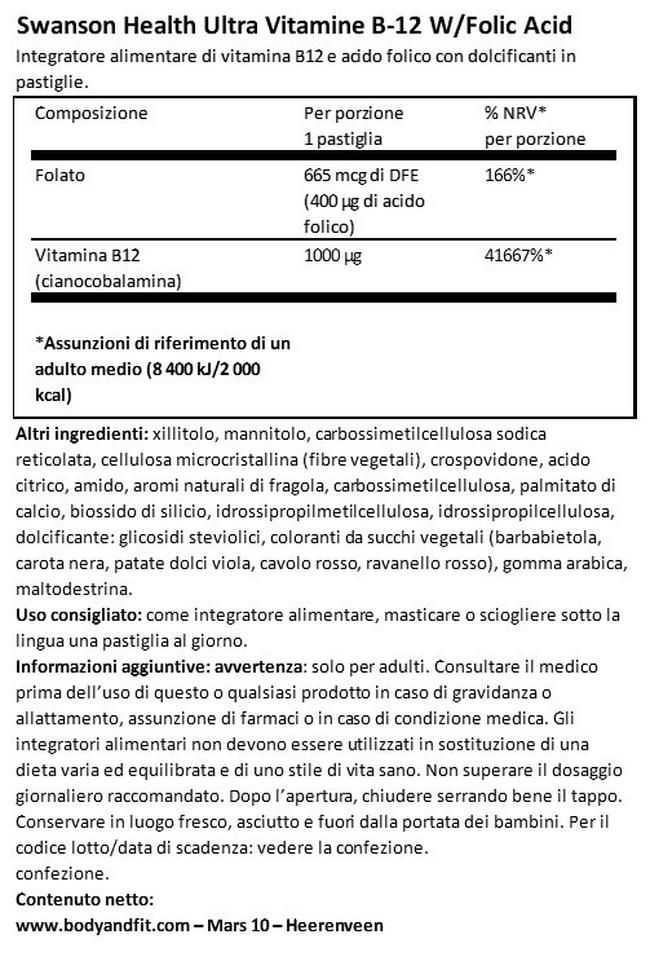 Ultra Vitamin B12 with Folic Acid Nutritional Information 1