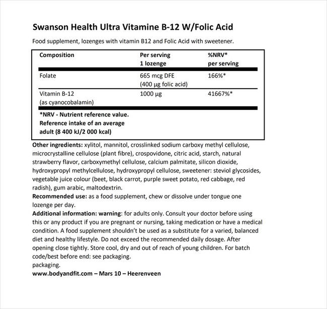 ウルトラビタミンB12 ウィズ フォリックアシッド - Ultra Vitamin B12 with Folic Acid Nutritional Information 1