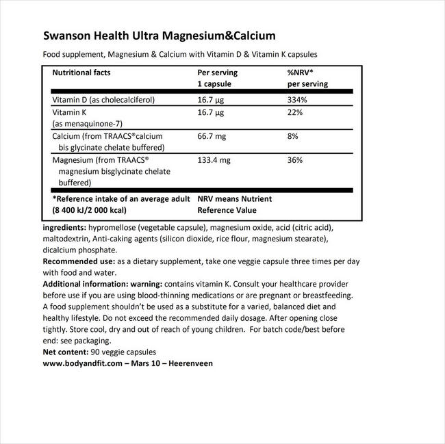 Ultra Albion Magnesium & Calcium Nutritional Information 1