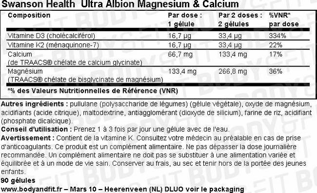 Gélules de magnésium et de calcium Ultra Albion Magnesium & Calcium Nutritional Information 1
