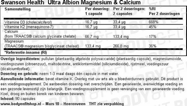 Ultra Albion Magnesium & Calcium Nutritional Information 1
