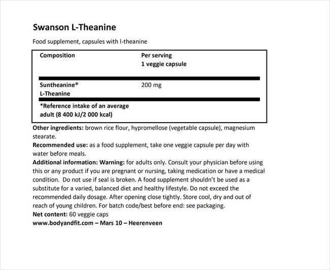 Ultra Double Theanine Nutritional Information 1