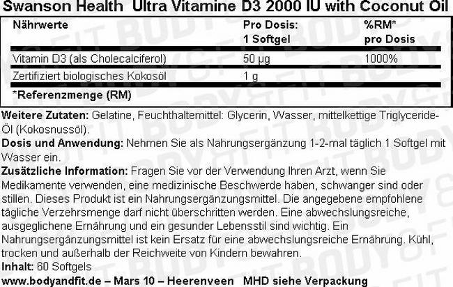 Ultra Vitamine D-3 2000iu W/Coconut Oil Nutritional Information 1