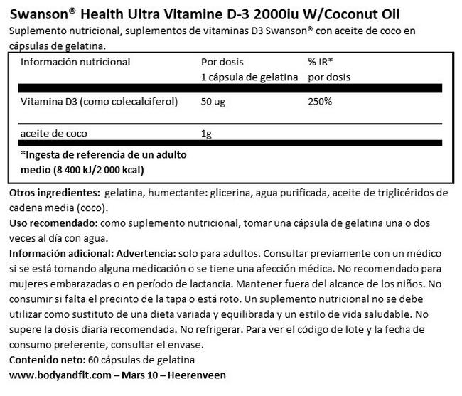 Ultra Vitamin D-3 2000iu with Coconut Oil Nutritional Information 1