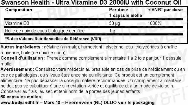 Ultra Vitamine D-3 2000iu W/Coconut Oil Nutritional Information 1