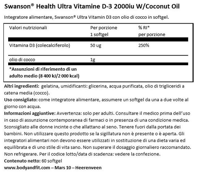 Ultra Vitamina D-3 2000 IU con Olio di Cocco Nutritional Information 1