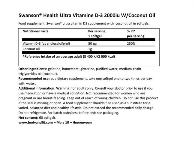ウルトラビタミンD-3 2000IU ココナッツオイル入り Nutritional Information 1