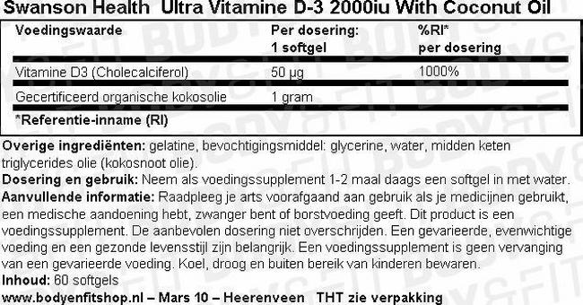 Ultra Vitamine D-3 2000iu W/Coconut Oil Nutritional Information 1