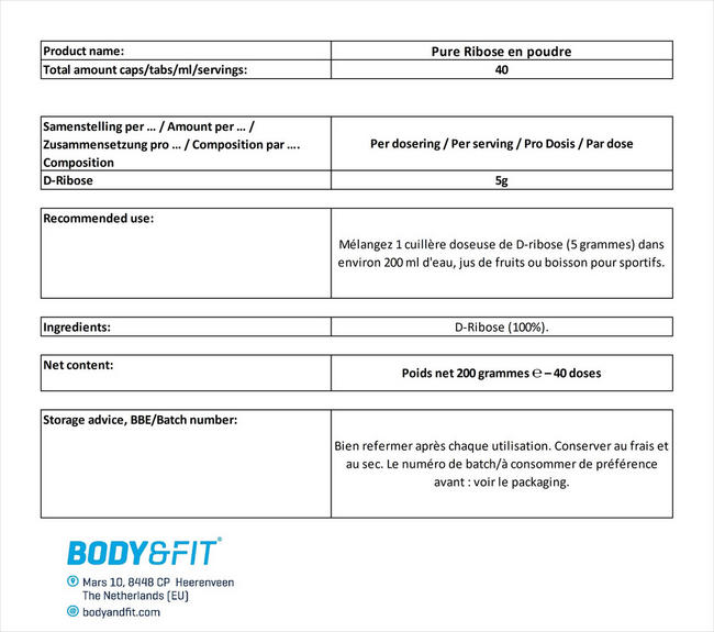 Pure Ribose en poudre Nutritional Information 1