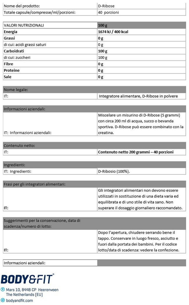 D-ribosio Nutritional Information 1