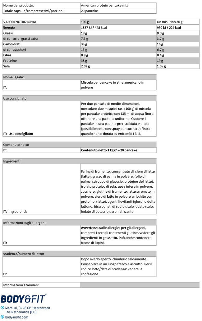Mix per American Pancake Proteici Nutritional Information 1