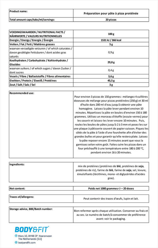 Préparation pour pâte à pizza protéinée Nutritional Information 1