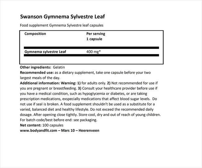 Gymnema Sylvestre 400mg Nutritional Information 1