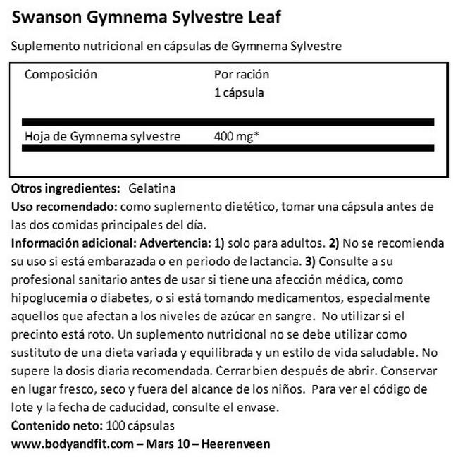 Gymnema Sylvestre 400 mg Nutritional Information 1