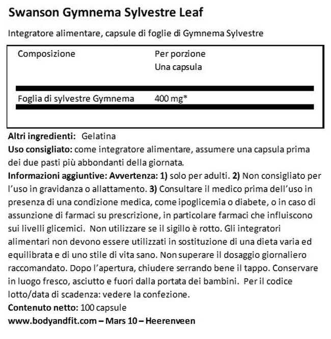 Gimnema Silvestre 400 mg Nutritional Information 1