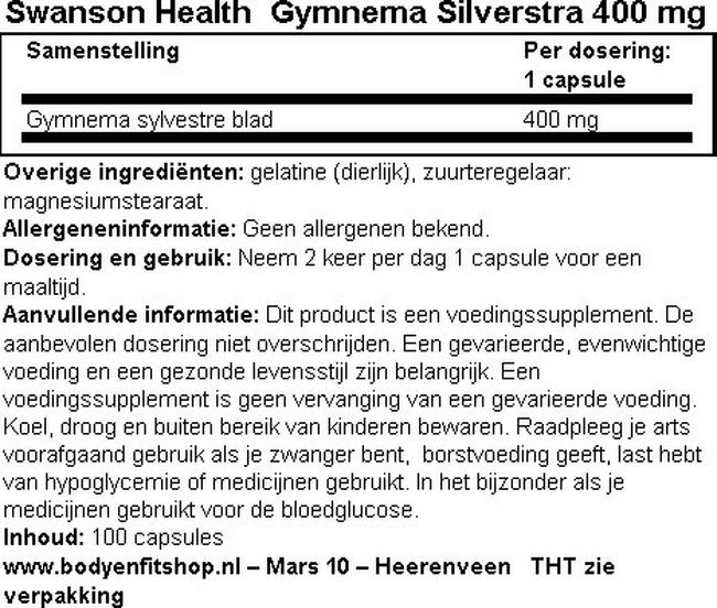 Gymnema Sylvestre 400MG Nutritional Information 1