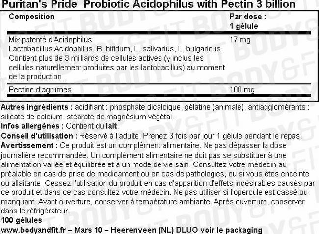 Probiotic Acidophilus with Pectin 3 billion Nutritional Information 1