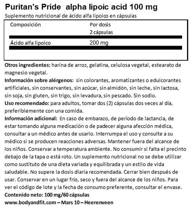 Alpha Lipoic Acid 100 mg Nutritional Information 1