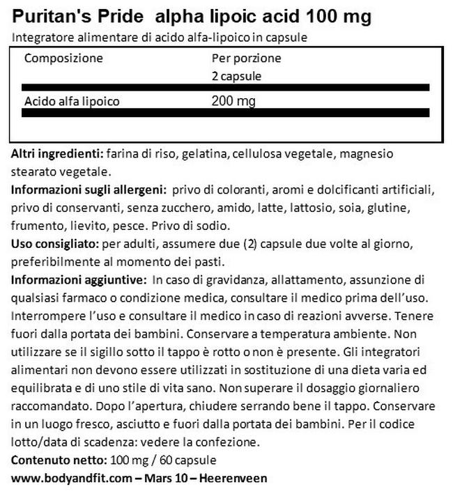 Acido Alfa Lipoico 100 mg Nutritional Information 1