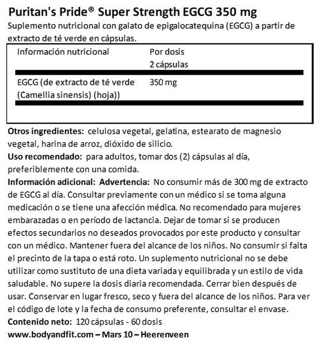 Super Strength EGCG 350 mg Nutritional Information 1