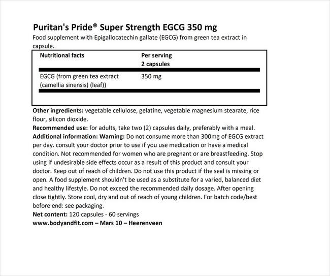 スーパーストレングスEGCG 350mg Nutritional Information 1