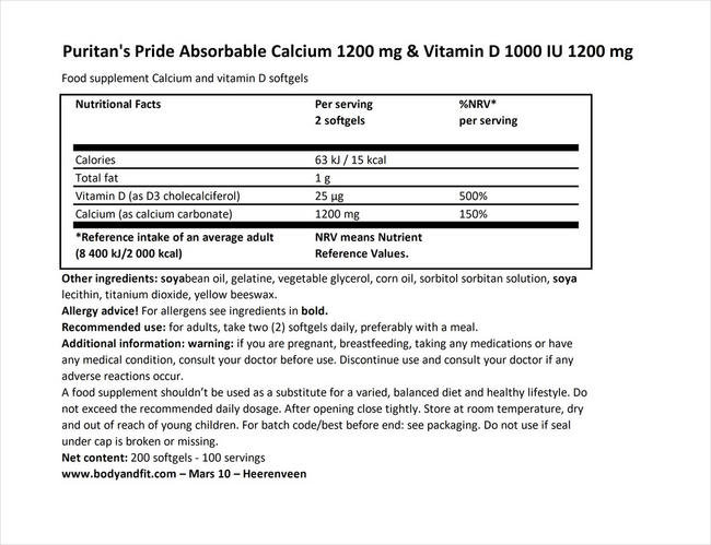 Absorbable Calcium 1200 mg & Vitamin D 1000 IU 1200 mg Nutritional Information 1