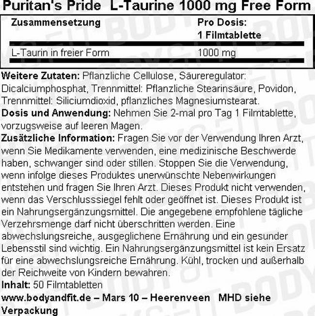Taurin 1000 mg Free Form Nutritional Information 1