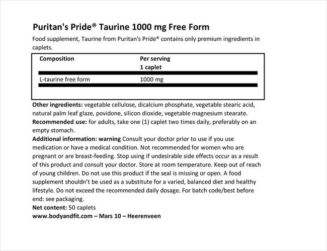 Taurine 1000 mg Free Form Nutritional Information 1