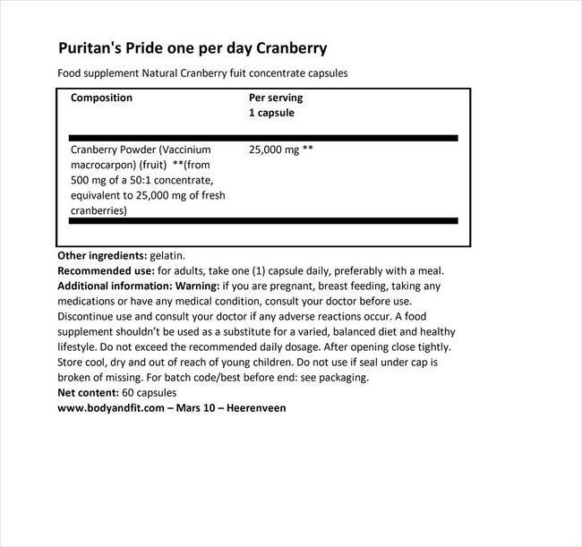 Cranberry Fruit Concentrate with C & E 4200 mg Nutritional Information 1