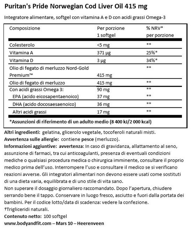 Olio di Fegato di Merluzzo 415 mg Nutritional Information 1