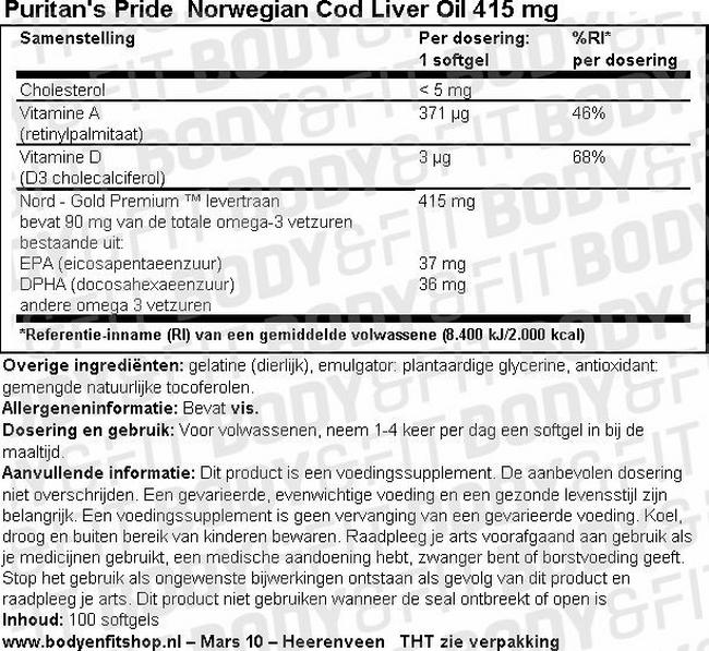 Norwegian Cod Liver Oil 415 mg Nutritional Information 1