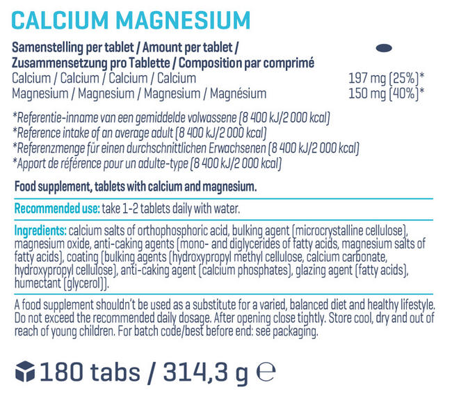 Calcium and Magnesium Tablets (180 tablets) Nutritional Information 1