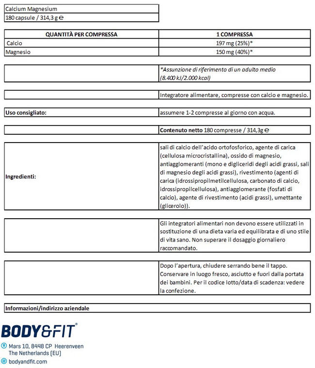 Compresse di Calcio e Magnesio (180 compresse) Nutritional Information 1