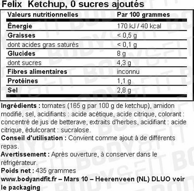Ketchup, 0 sucre ajouté Nutritional Information 1