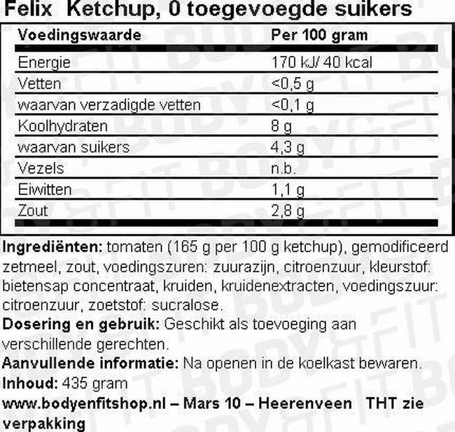 Ketchup, 0 toegevoegde suikers Nutritional Information 1