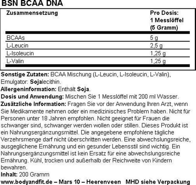 BCAA DNA Nutritional Information 1