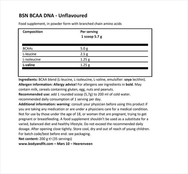BCAA DNA Nutritional Information 1
