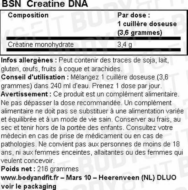 Créatine DNA Nutritional Information 1