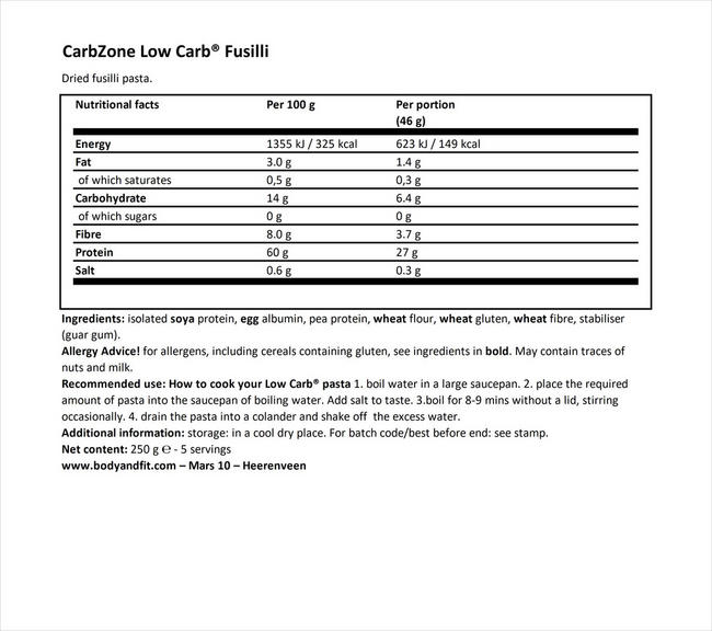 Low Carb Fussili Nutritional Information 1