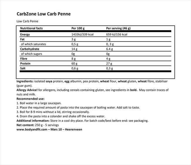 Low Carb Penne Nutritional Information 1