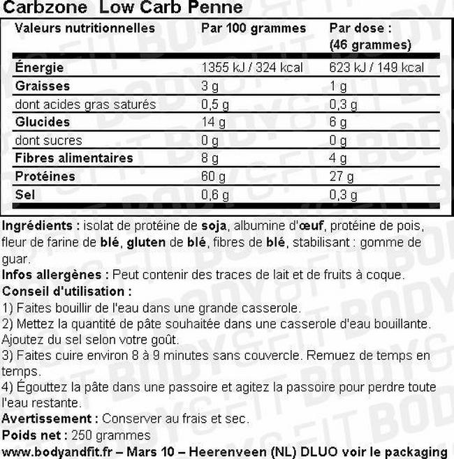 Pennes faibles en glucides Low Carb Penne Nutritional Information 1