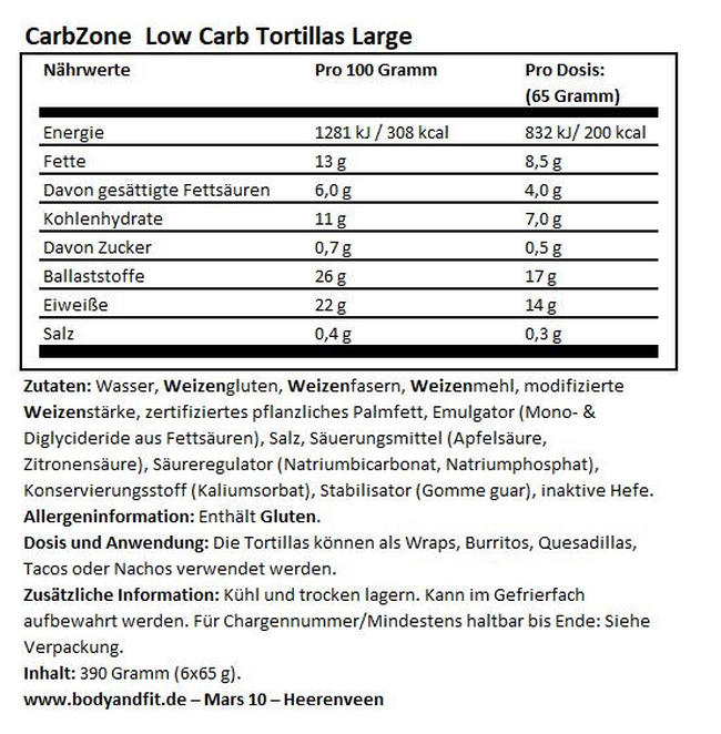 Low Carb Tortillas Large Nutritional Information 1