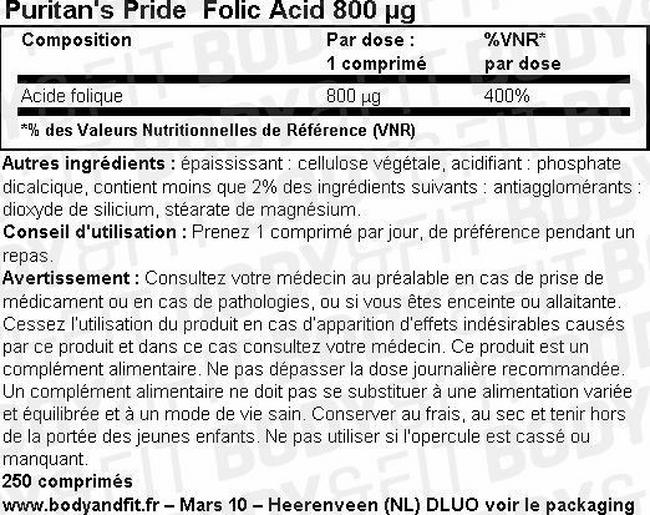 Folic acid 800 mcg Nutritional Information 1