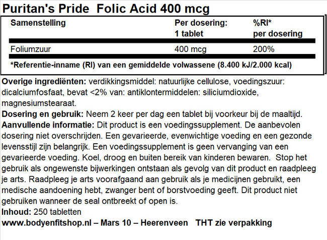 Folic acid 800 mcg Nutritional Information 1